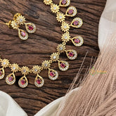 Vriksham Premium Tear Drop & Floral AD Stone Choker-Red-G16291
